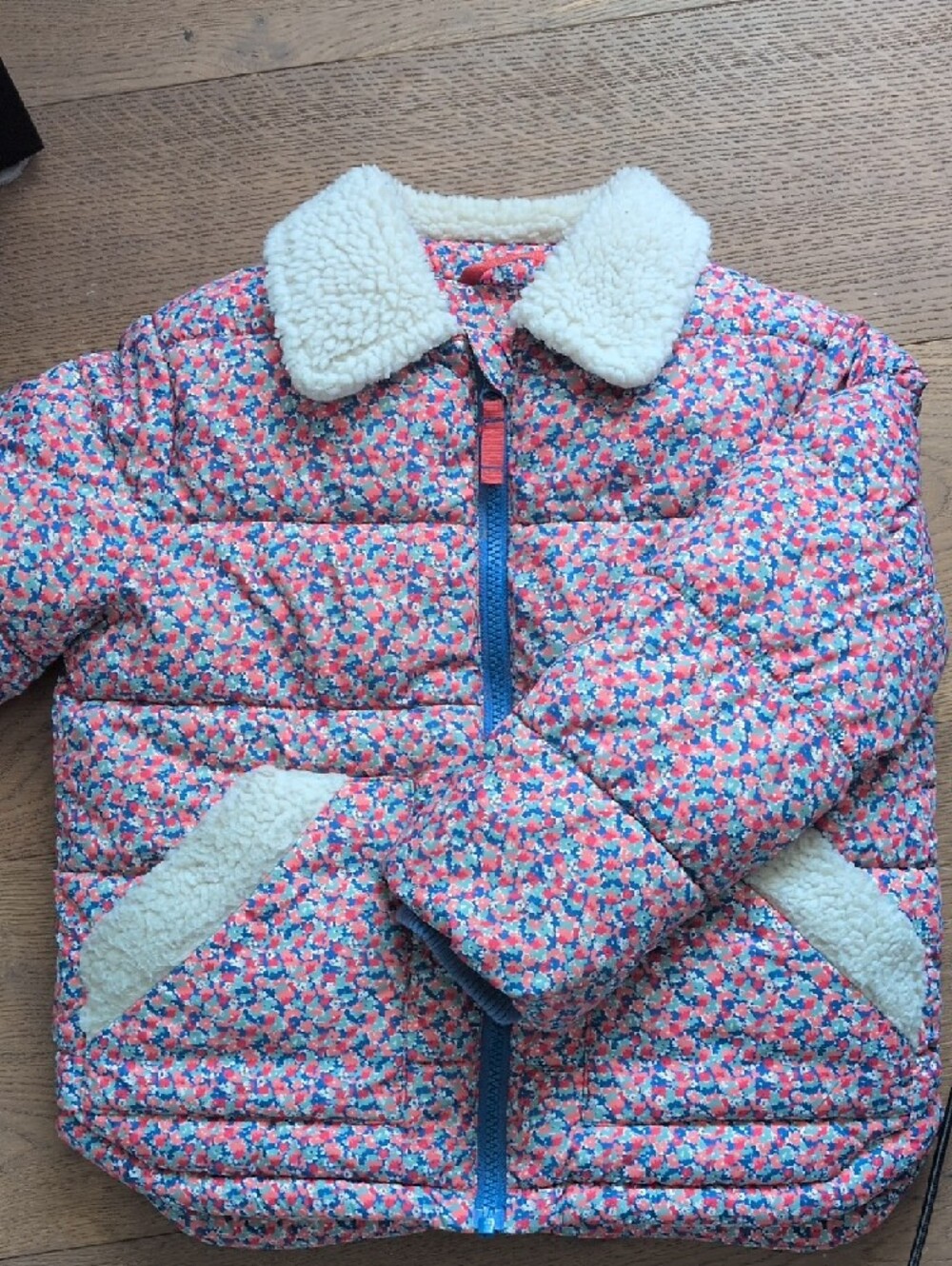 Mini Boden Girls Floral Pink & Blue Puffer Jacket with Sherpa Collar